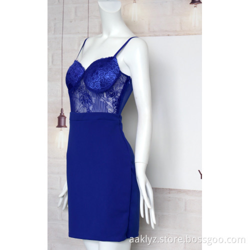 Ladies Blue Lace Strapless Dress With Breast Padded